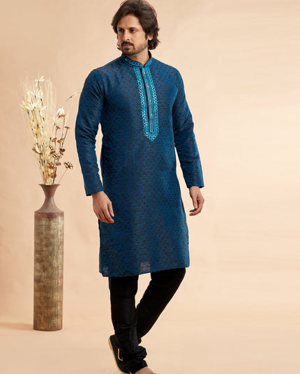 Peacock Blue Jacquard Art Silk Embroidered Kurta Pajama Set
