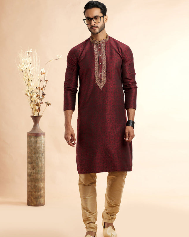 Maroon Jacquard Art Silk Embroidered Kurta Pajama Set