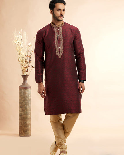 Maroon Jacquard Art Silk Embroidered Kurta Pajama Set