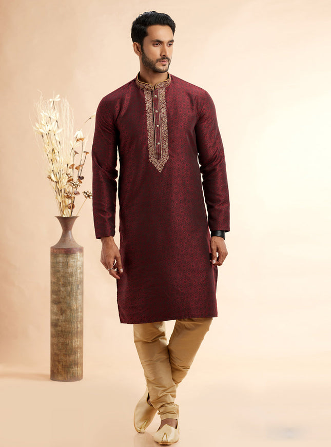 Maroon Jacquard Art Silk Embroidered Kurta Pajama Set