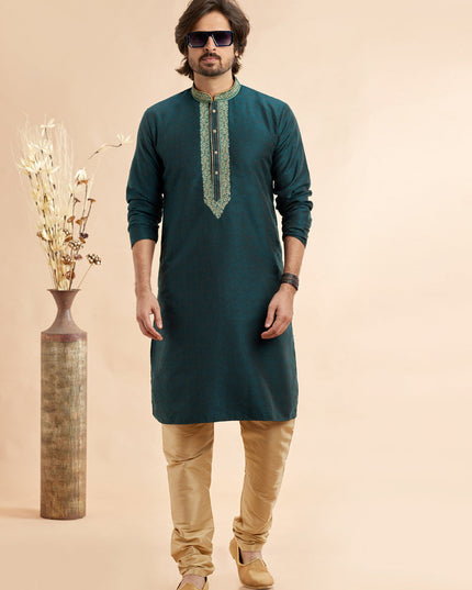 Teal Green Jacquard Art Silk Embroidered Kurta Pajama Set