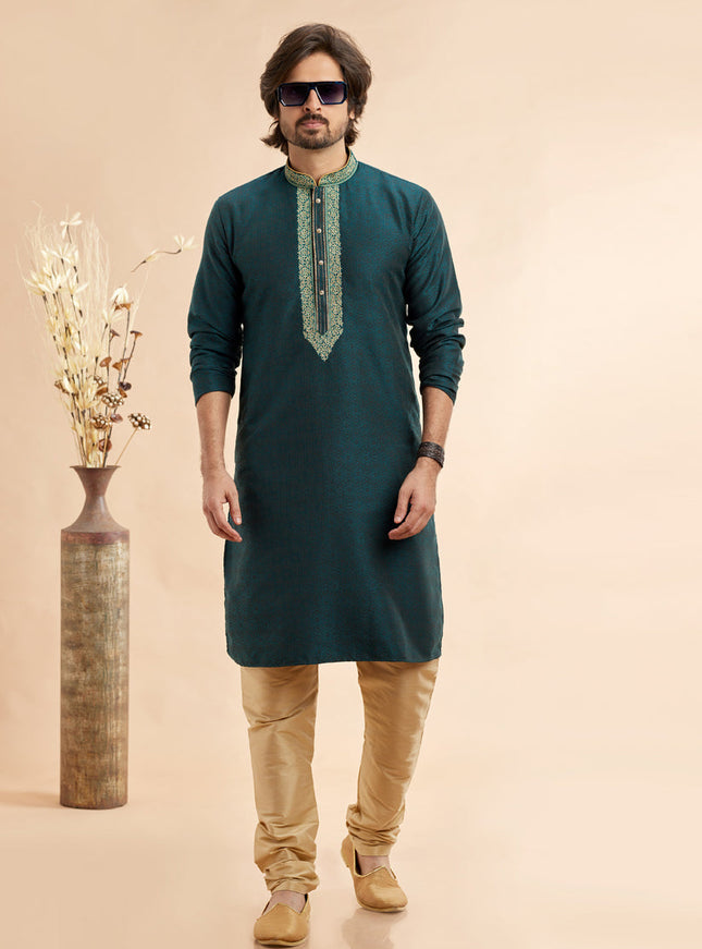 Teal Green Jacquard Art Silk Embroidered Kurta Pajama Set