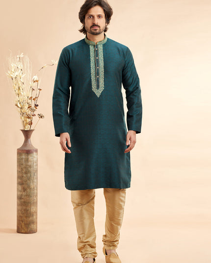 Teal Green Jacquard Art Silk Embroidered Kurta Pajama Set
