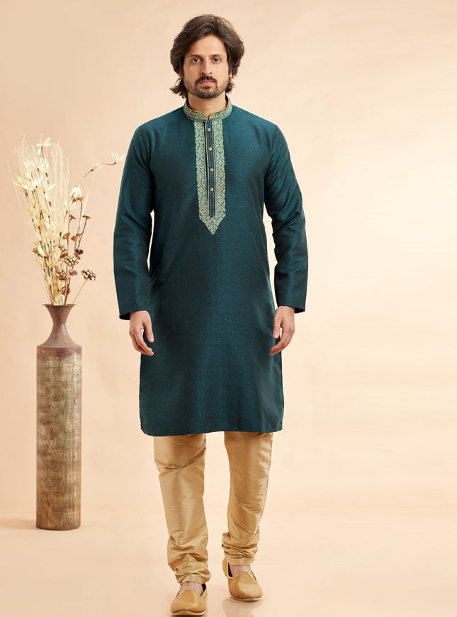 Teal Green Jacquard Art Silk Embroidered Kurta Pajama Set