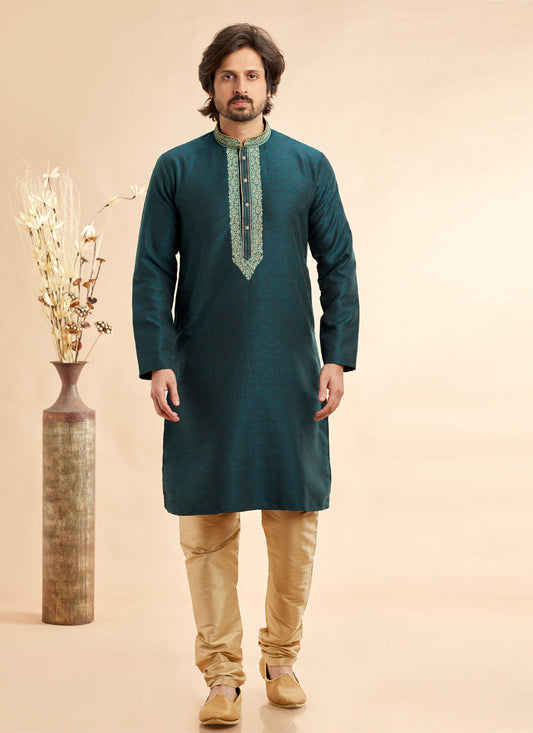 Teal Green Jacquard Art Silk Embroidered Kurta Pajama Set
