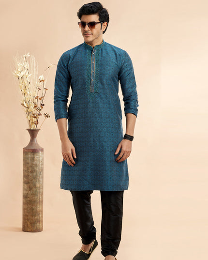 Peacock Blue Jacquard Art Silk Embroidered Kurta Pajama Set
