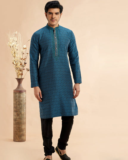 Peacock Blue Jacquard Art Silk Embroidered Kurta Pajama Set