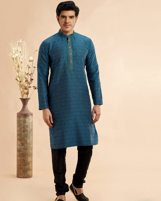 Peacock Blue Jacquard Art Silk Embroidered Kurta Pajama Set