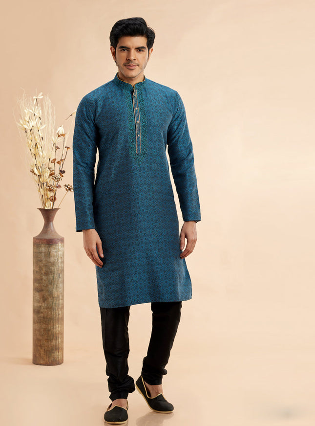 Peacock Blue Jacquard Art Silk Embroidered Kurta Pajama Set