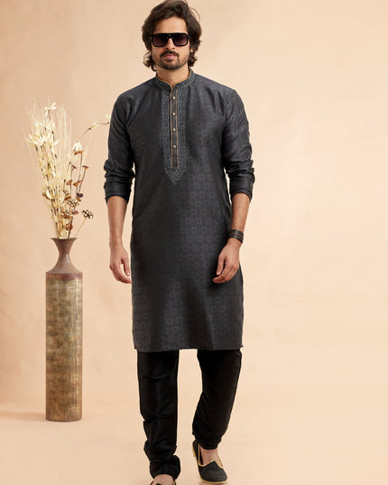 Slate Grey Jacquard Art Silk Embroidered Kurta Pajama Set