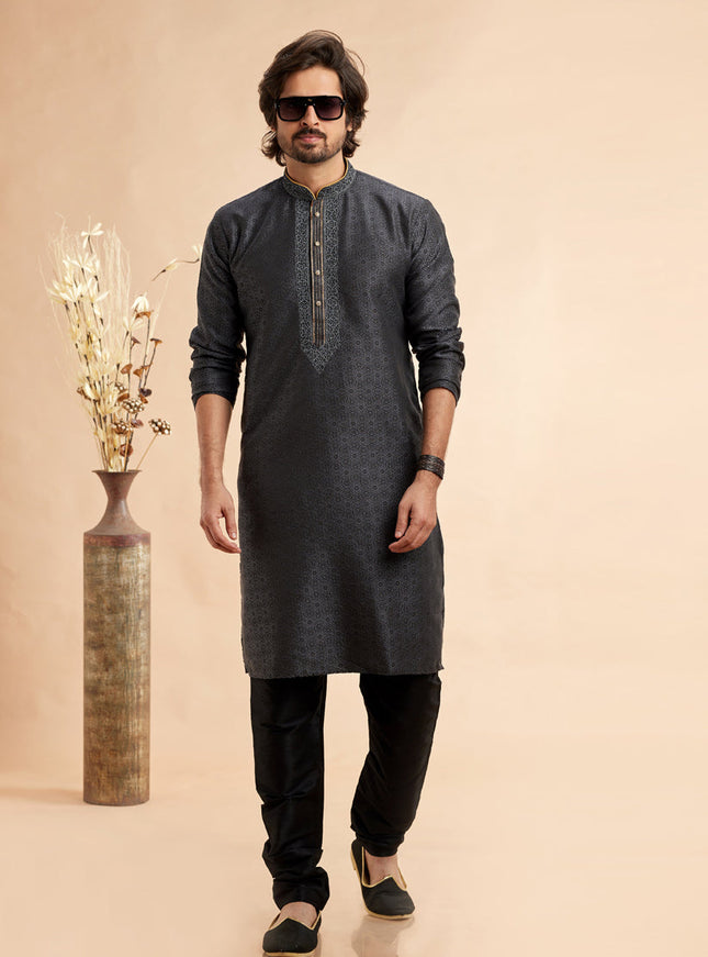 Slate Grey Jacquard Art Silk Embroidered Kurta Pajama Set