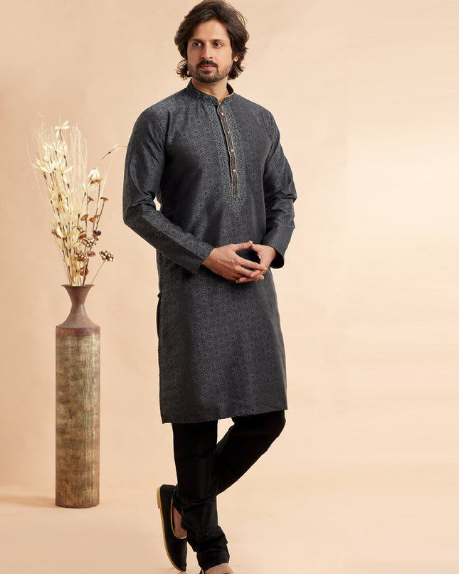 Slate Grey Jacquard Art Silk Embroidered Kurta Pajama Set