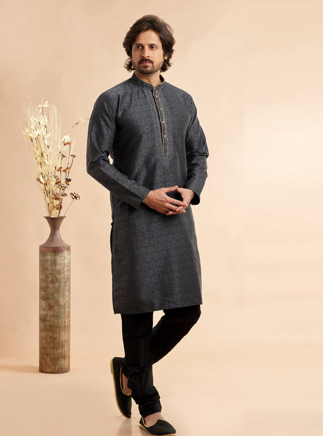 Slate Grey Jacquard Art Silk Embroidered Kurta Pajama Set
