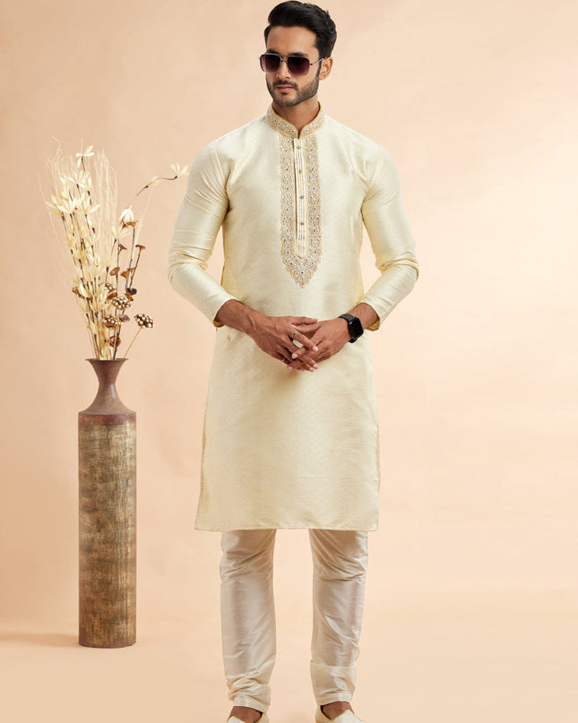 Cream Jacquard Art Silk Embroidered Kurta Pajama Set