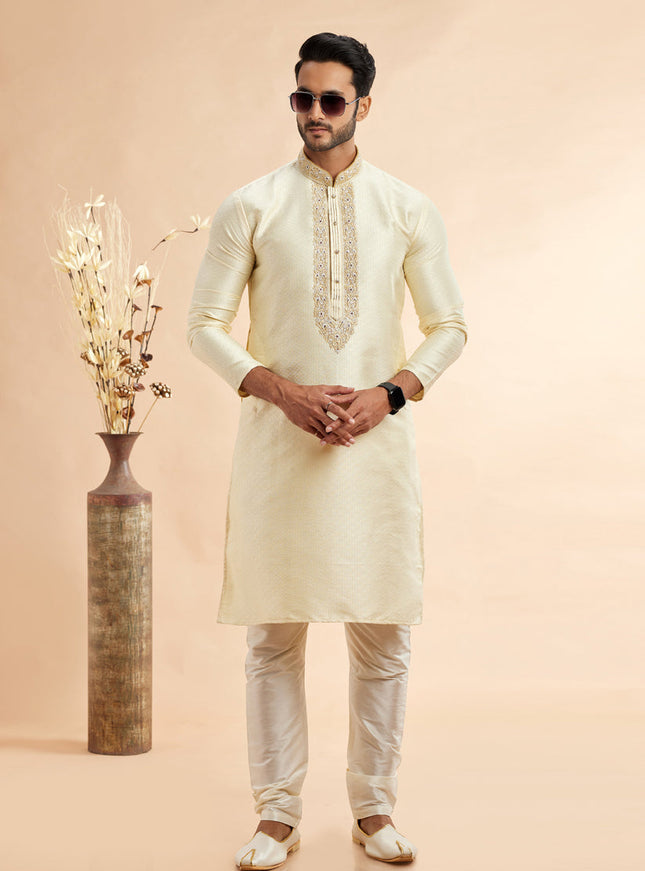 Cream Jacquard Art Silk Embroidered Kurta Pajama Set