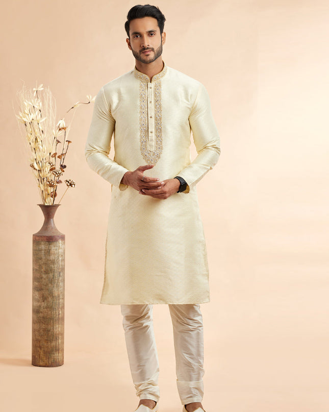 Cream Jacquard Art Silk Embroidered Kurta Pajama Set