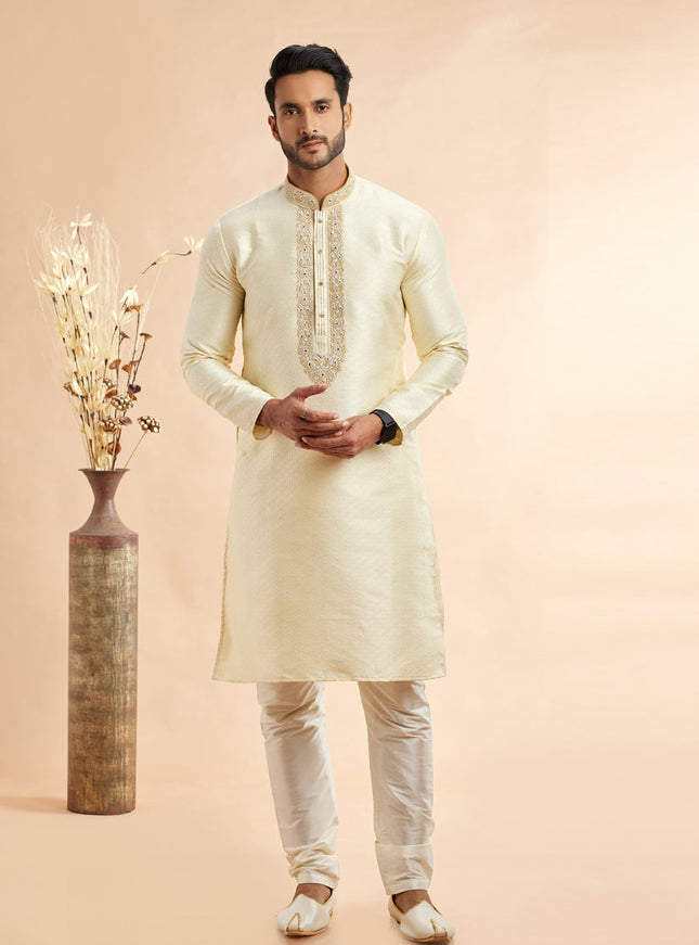 Cream Jacquard Art Silk Embroidered Kurta Pajama Set