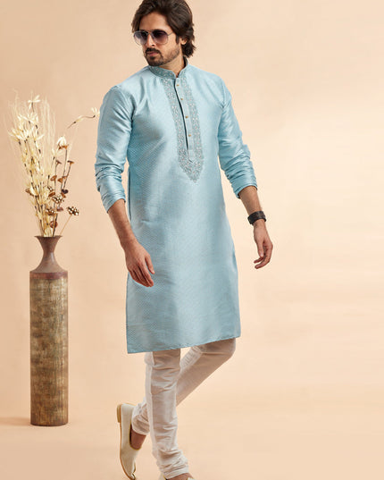 Breeze Blue Jacquard Art Silk Embroidered Kurta Pajama Set
