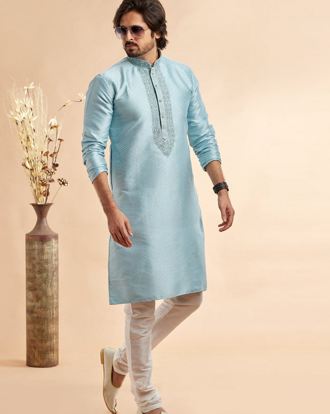 Breeze Blue Jacquard Art Silk Embroidered Kurta Pajama Set