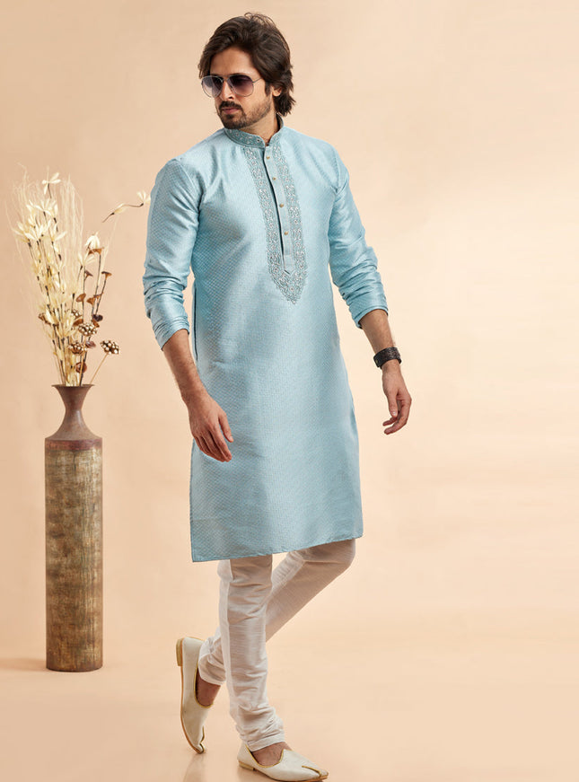 Breeze Blue Jacquard Art Silk Embroidered Kurta Pajama Set