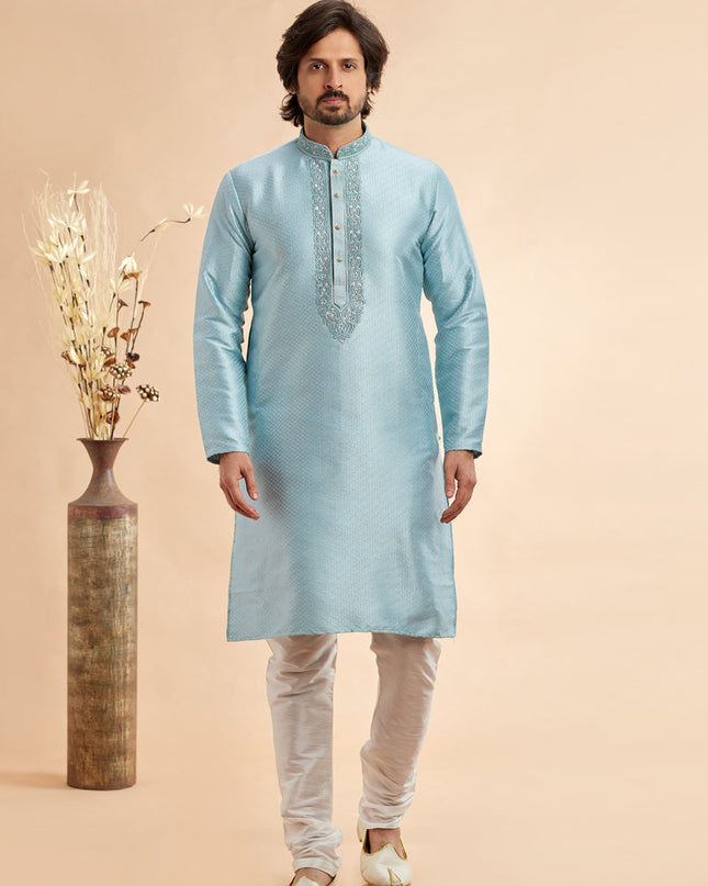 Breeze Blue Jacquard Art Silk Embroidered Kurta Pajama Set