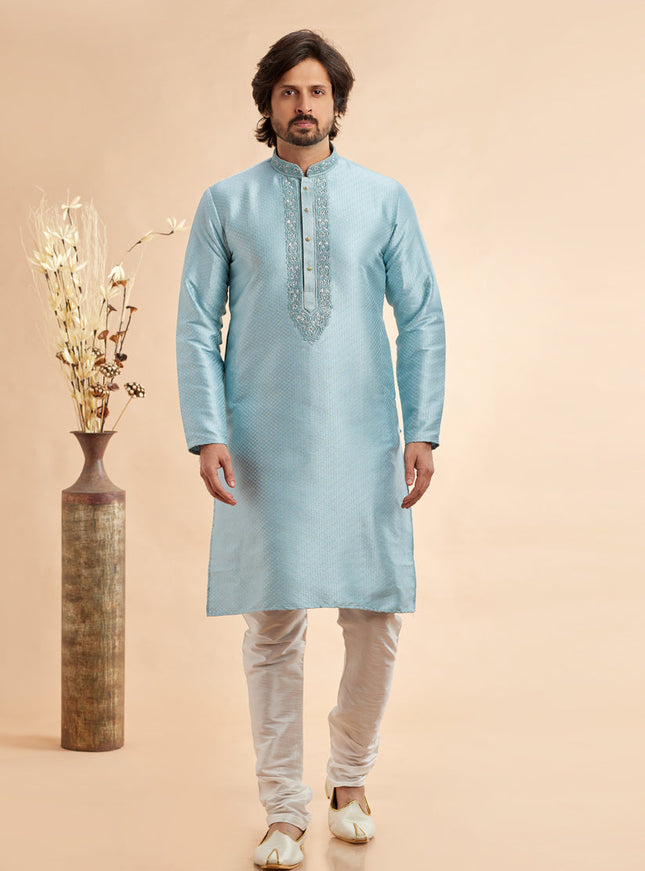 Breeze Blue Jacquard Art Silk Embroidered Kurta Pajama Set