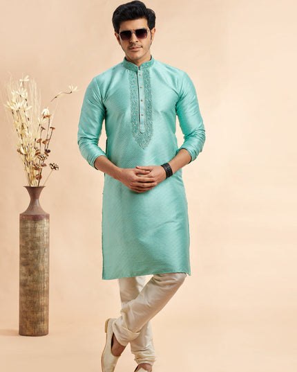 Turquoise Jacquard Art Silk Embroidered Kurta Pajama Set