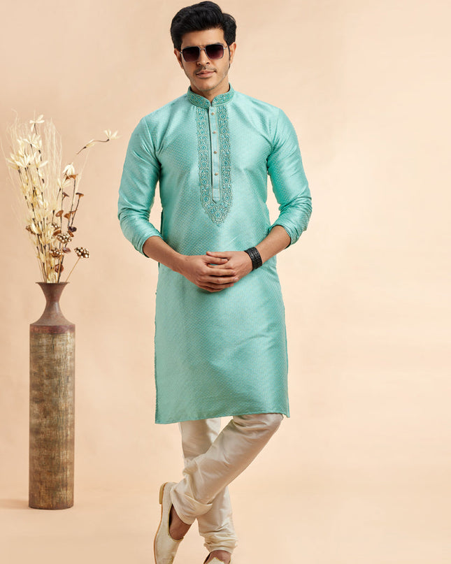 Turquoise Jacquard Art Silk Embroidered Kurta Pajama Set