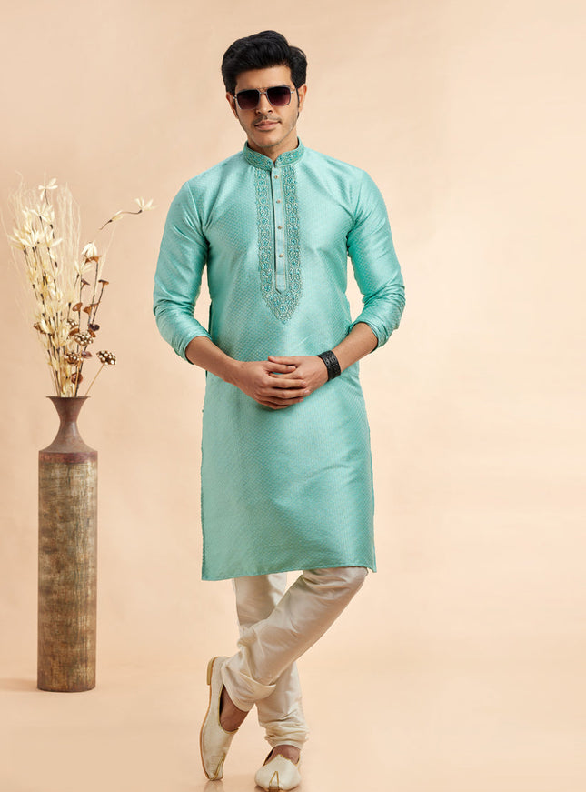 Turquoise Jacquard Art Silk Embroidered Kurta Pajama Set
