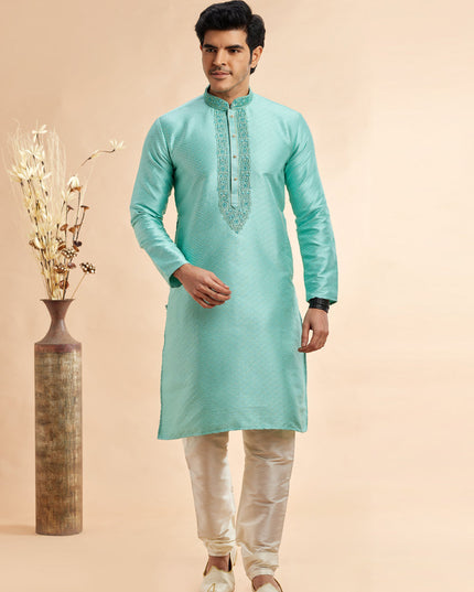 Turquoise Jacquard Art Silk Embroidered Kurta Pajama Set