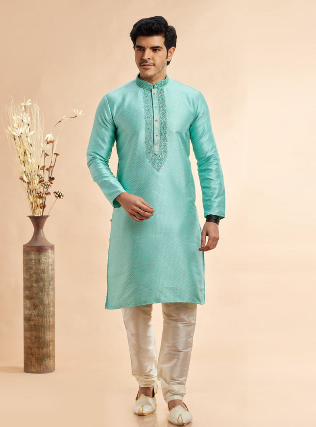 Turquoise Jacquard Art Silk Embroidered Kurta Pajama Set