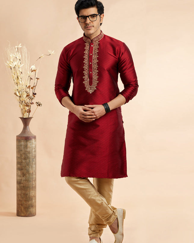 Maroon Jacquard Art Silk Embroidered Kurta Pajama Set