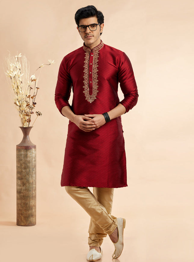 Maroon Jacquard Art Silk Embroidered Kurta Pajama Set
