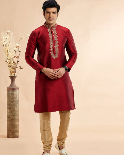 Maroon Jacquard Art Silk Embroidered Kurta Pajama Set