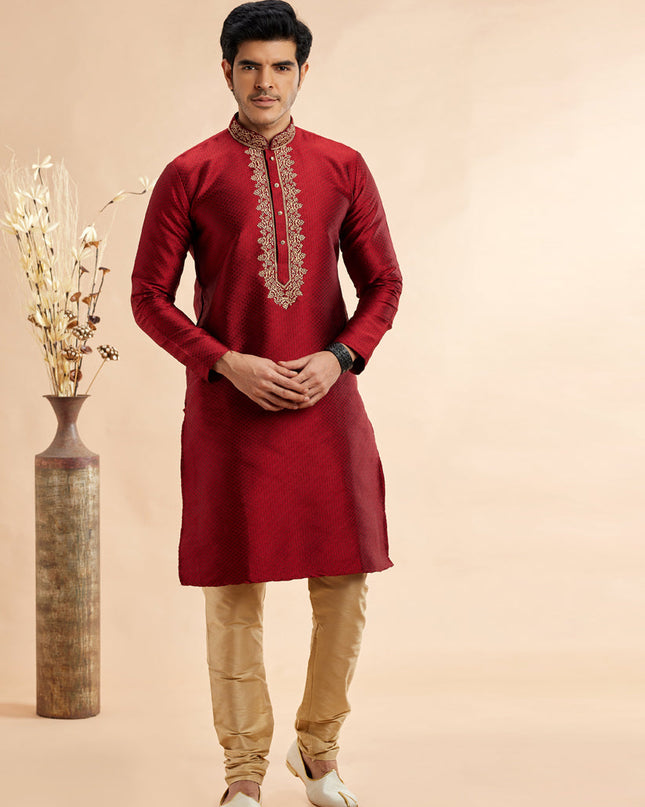 Maroon Jacquard Art Silk Embroidered Kurta Pajama Set