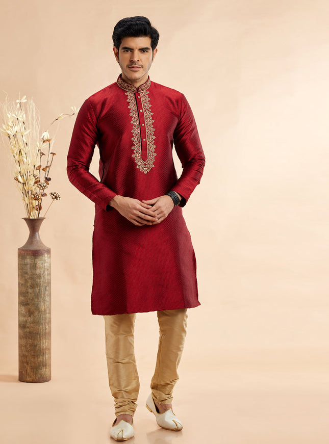 Maroon Jacquard Art Silk Embroidered Kurta Pajama Set