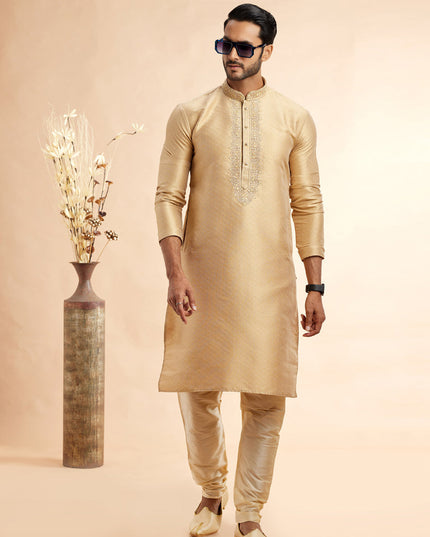 Golden Jacquard Art Silk Embroidered Kurta Pajama Set