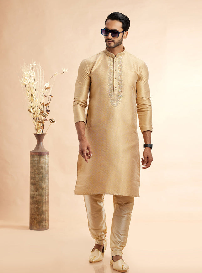 Golden Jacquard Art Silk Embroidered Kurta Pajama Set