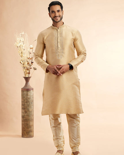 Golden Jacquard Art Silk Embroidered Kurta Pajama Set
