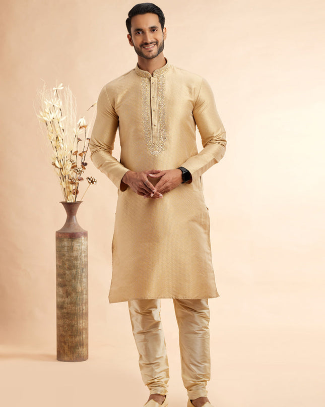 Golden Jacquard Art Silk Embroidered Kurta Pajama Set