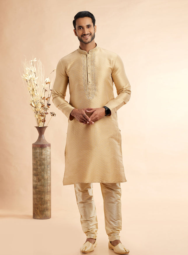 Golden Jacquard Art Silk Embroidered Kurta Pajama Set