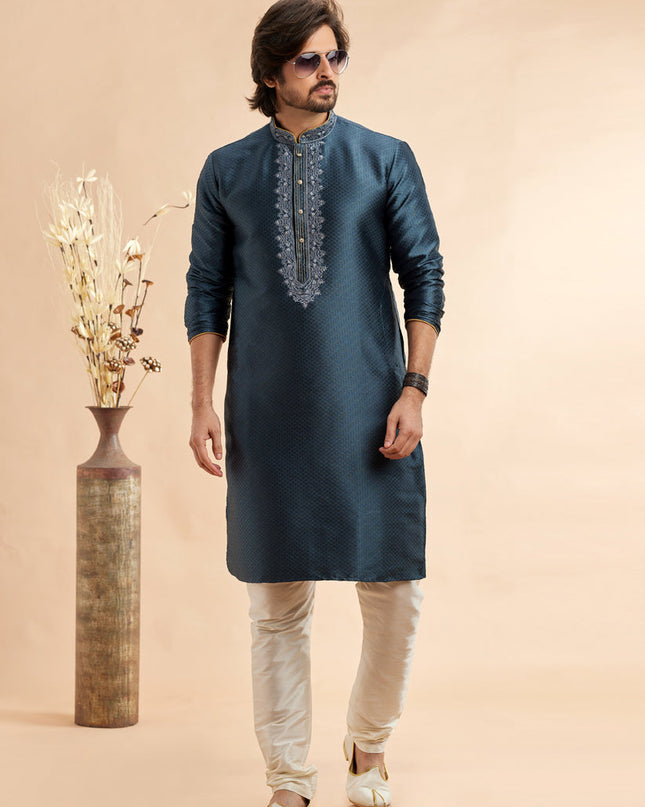 Teal Blue Jacquard Art Silk Embroidered Kurta Pajama Set