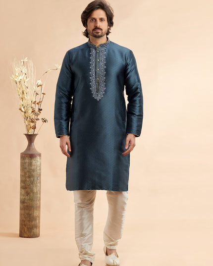 Teal Blue Jacquard Art Silk Embroidered Kurta Pajama Set