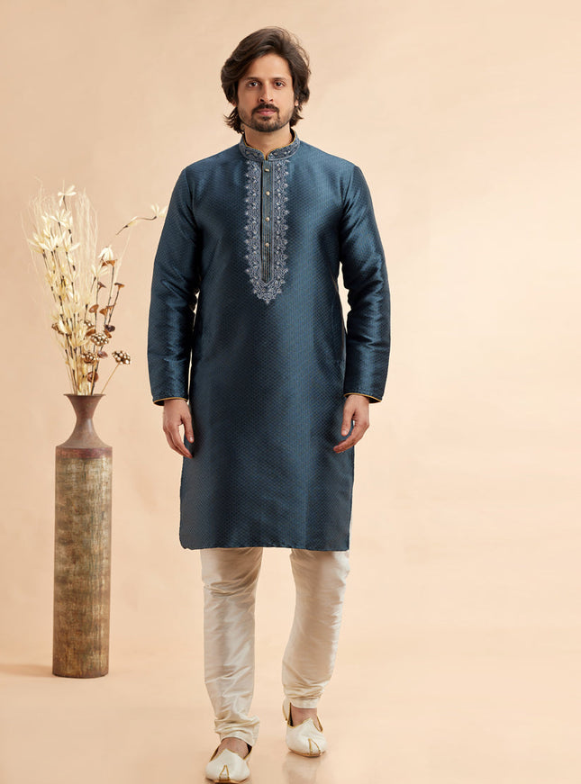Teal Blue Jacquard Art Silk Embroidered Kurta Pajama Set