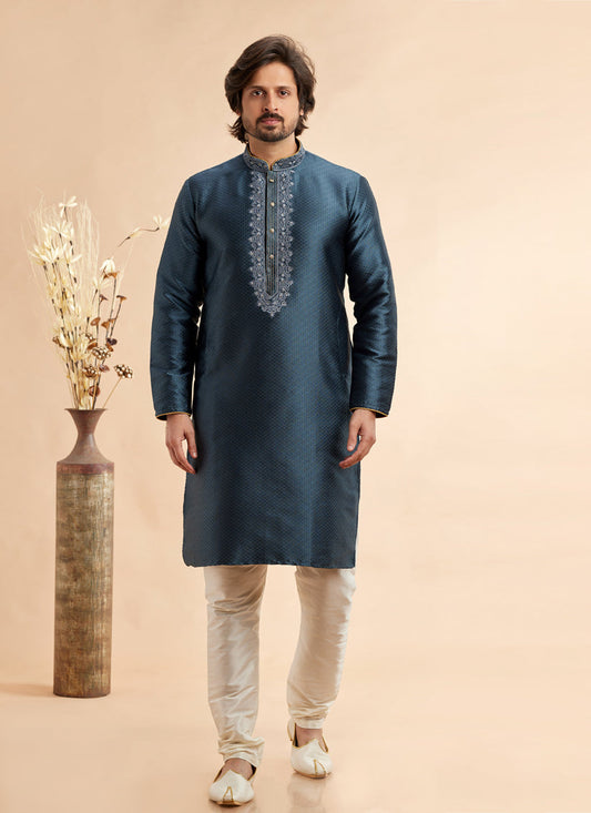 Teal Blue Jacquard Art Silk Embroidered Kurta Pajama Set