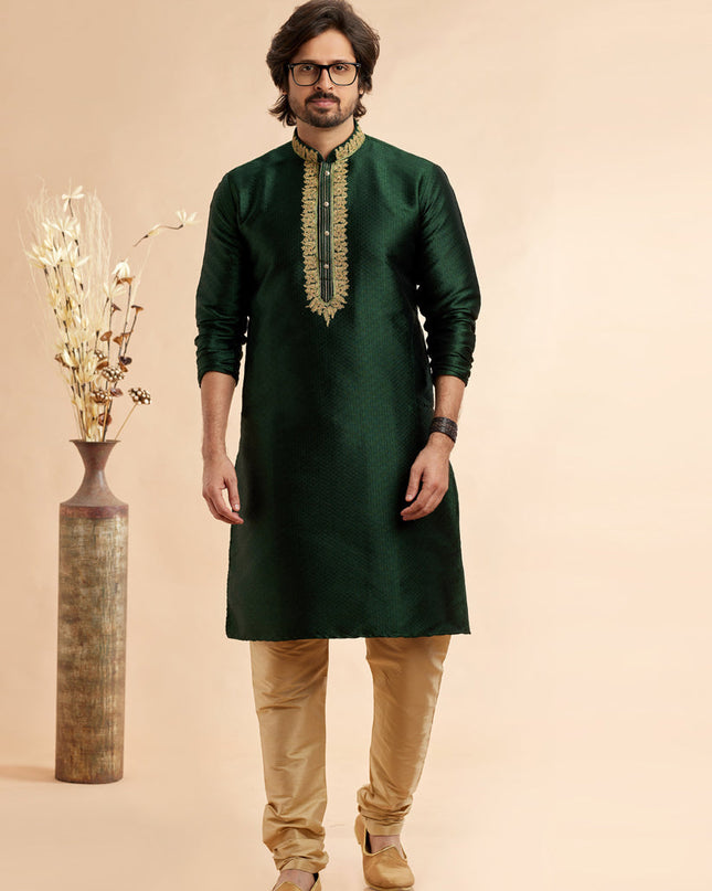 Forest Green Jacquard Art Silk Embroidered Kurta Pajama Set