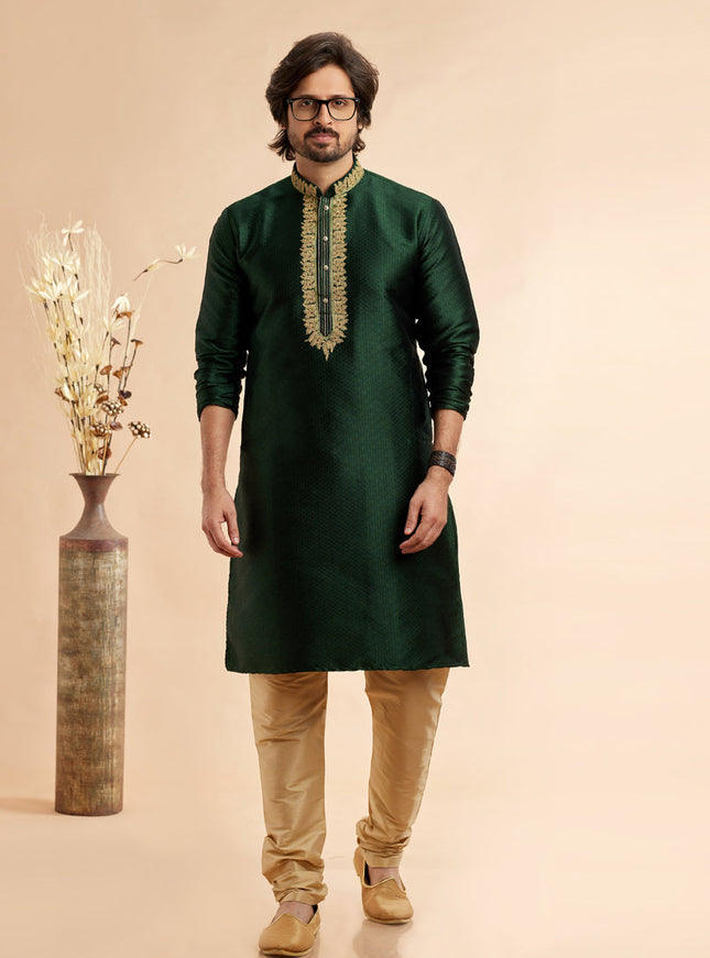 Forest Green Jacquard Art Silk Embroidered Kurta Pajama Set