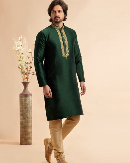 Forest Green Jacquard Art Silk Embroidered Kurta Pajama Set