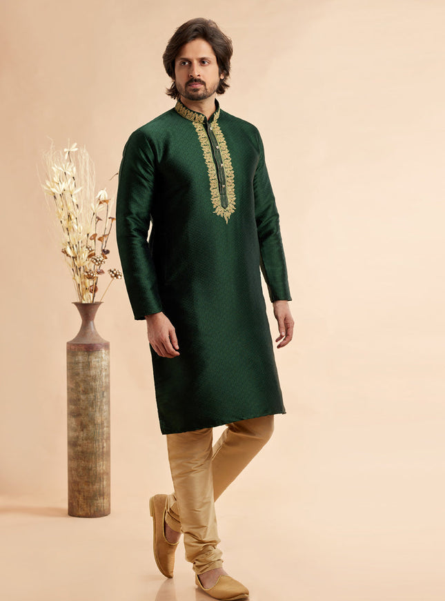 Forest Green Jacquard Art Silk Embroidered Kurta Pajama Set