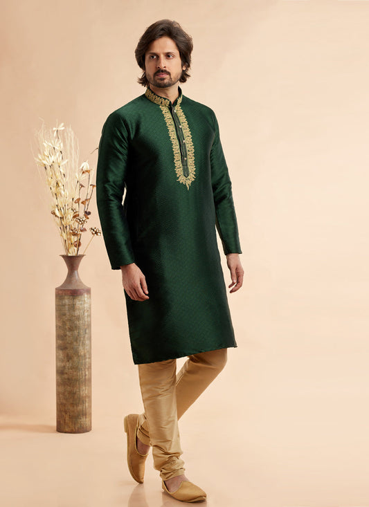 Forest Green Jacquard Art Silk Embroidered Kurta Pajama Set